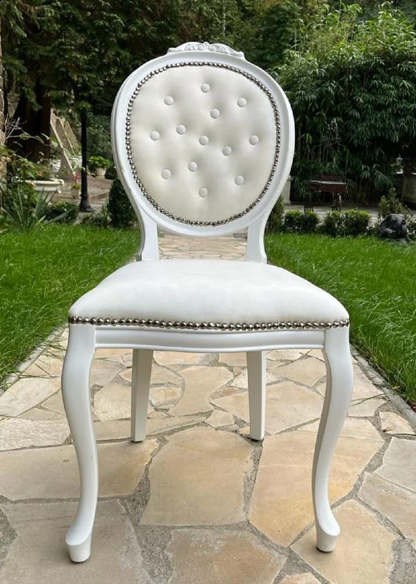 Casa Padrino silla de comedor barroco de lujo crema / blanco - Silla de estilo barroco hecha a mano con cuero artificial fino - Muebles de comedor estilo barroco - Muebles barrocos