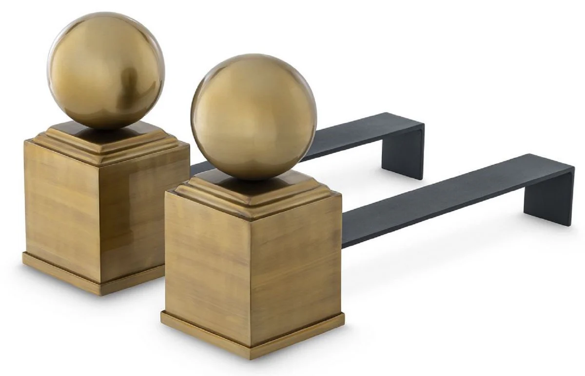 Casa Padrino conjunto de morillos de lujo latón vintage / negro 52 x 12,5 x A. 27 cm - Accesorios para Chimeneas - Colección de Lujo