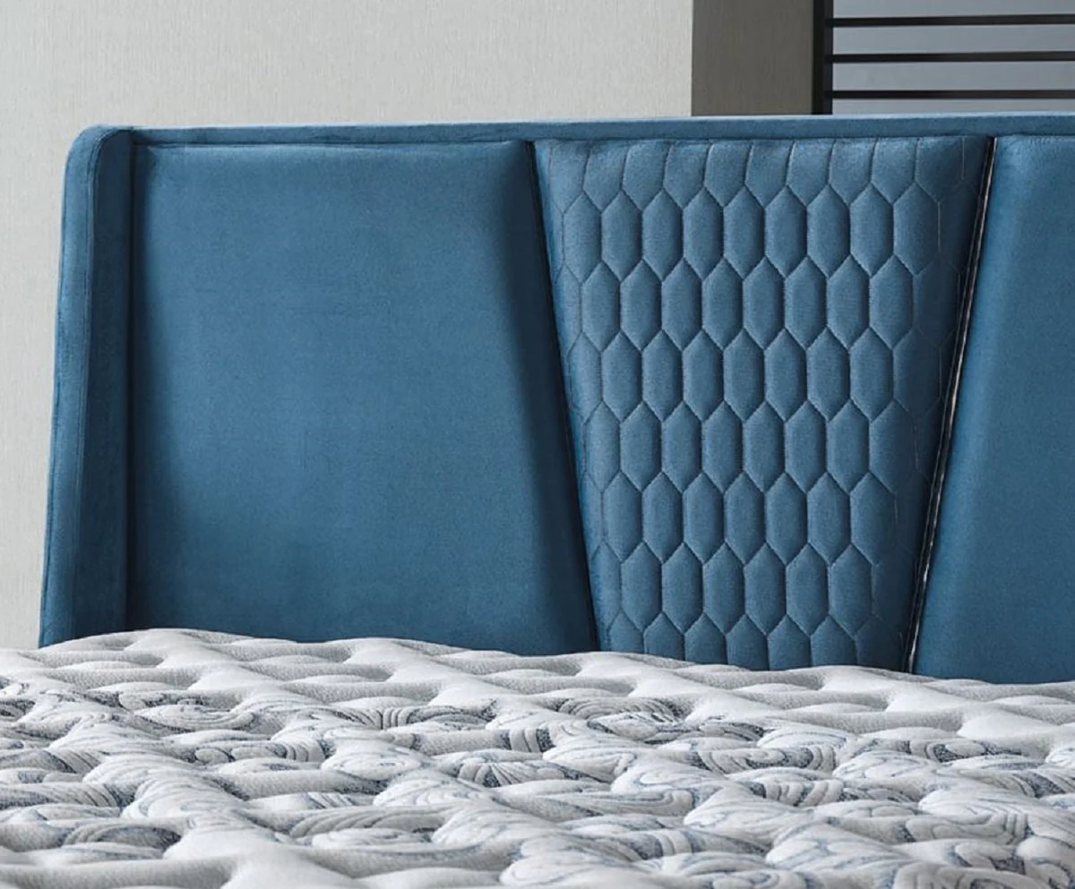 Casa Padrino cama doble de lujo azul / blanco / plata 180 x 200 cm - Cama de madera maciza con cabecero y colchón - Muebles dormitorio - Muebles hotel - Muebles de lujo - Interior de lujo