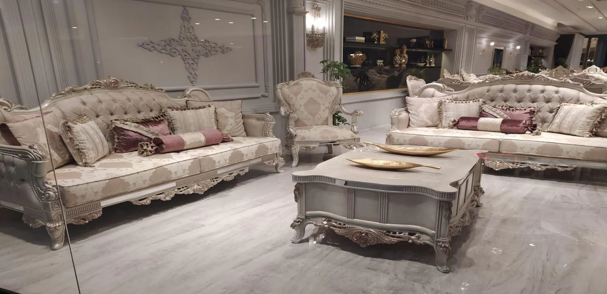 Casa Padrino conjunto de sala de estar barroco de lujo beige / gris / cobre - 2 Sof¨¢s Barrocos con Patr¨®n y 2 Sillones Barrocos con Patr¨®n y 1 Mesa de Centro Barroco - Muebles de sal¨®n barrocos