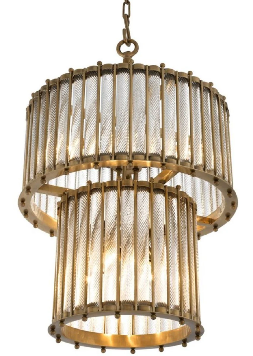 Casa Padrino lámpara colgante de lujo latón antiguo Ø 52,5 x H. 83 cm - Lámpara Colgante Redonda de Latón con Vidrio Hecho a Mano