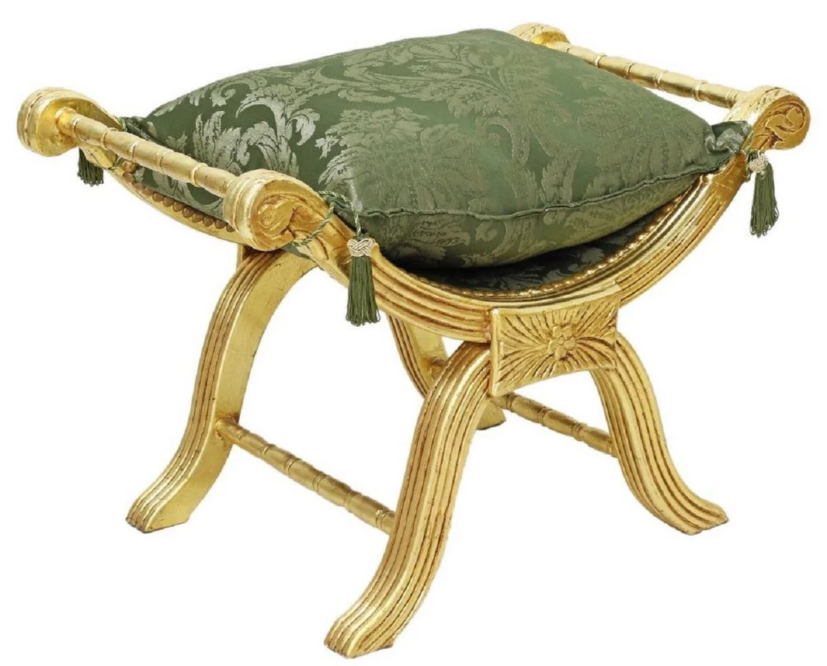 Casa Padrino taburete cruz barroco con cojin oro / verde - Taburete hecho a mano en estilo barroco - Taburete de estilo antiguo - Muebles barrocos - Muebles de sal¨®n en estilo barroco