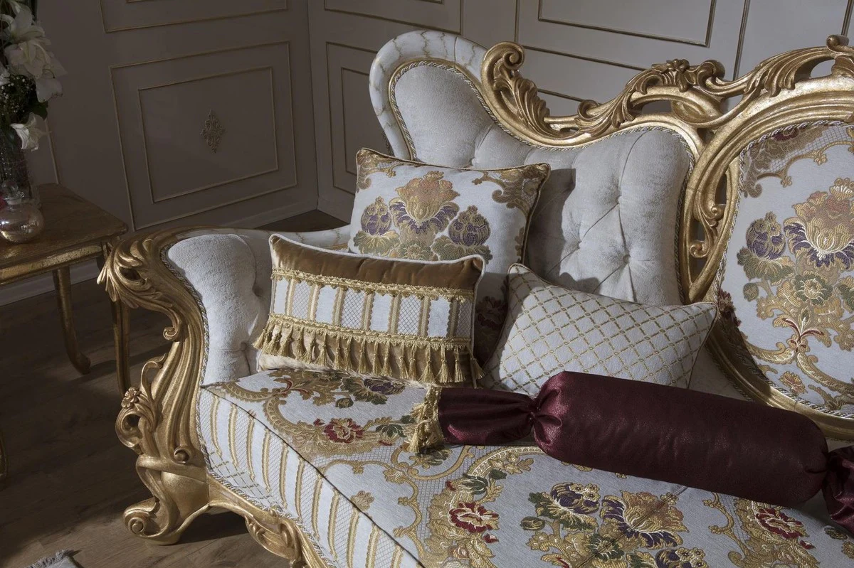 Casa Padrino sof¨¢ barroco de lujo blanco / oro 248 x 108 x A. 122 cm - Sof¨¢ de sal¨®n con patr¨®n elegante y cojines decorativos - Magn¨ªficos muebles barrocos