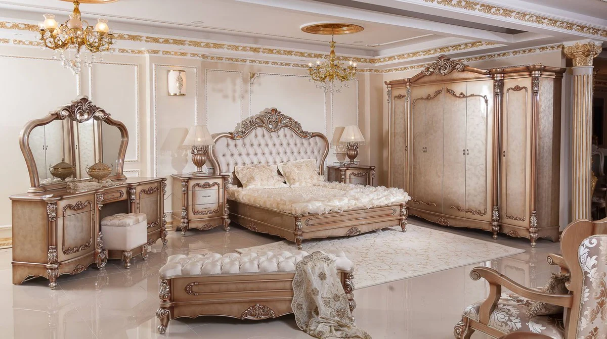 Casa Padrino cama de matrimonio barroco de lujo gris / cobre / plata - Magnífica cama de madera maciza - Muebles de dormitorio de lujo en estilo barroco - Muebles barrocos - Furnishings barrocos