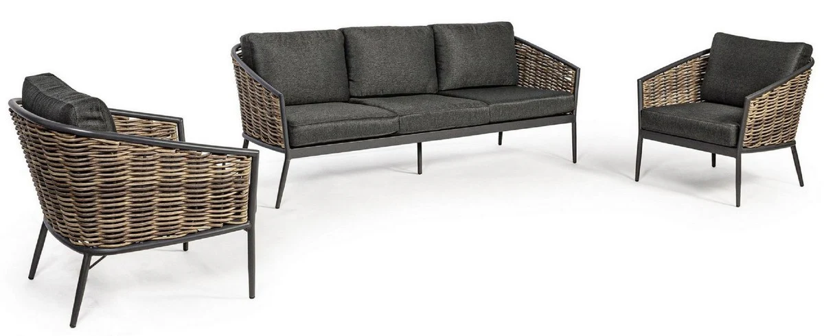 Casa Padrino conjunto de muebles de jard¨ªn de lujo antracita / marr¨®n - 1 Sof¨¢ de Jard¨ªn y 2 Sillones de Jard¨ªn - Muebles de jard¨ªn - Muebles de piscina - Muebles de exterior - Muebles de lujo