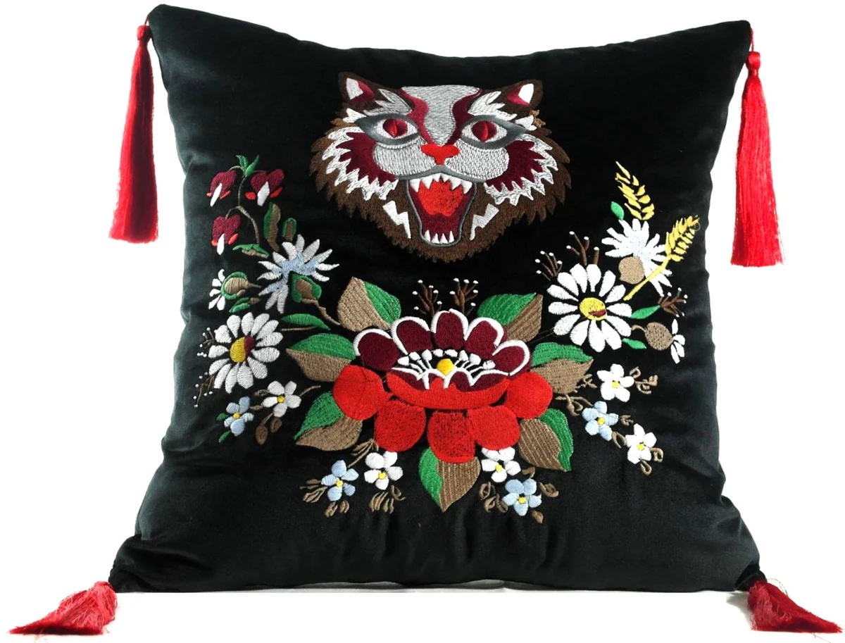 Casa Padrino almohada de lujo con borlas gato negro / multicolor 45 x 45 cm - Tejido de Terciopelo Más Fino - Almohada de la Sala