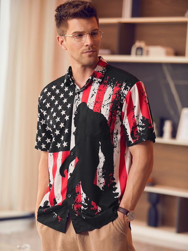 Flag Bigfoot Chest Pocket Short Sleeves Casual Shirt