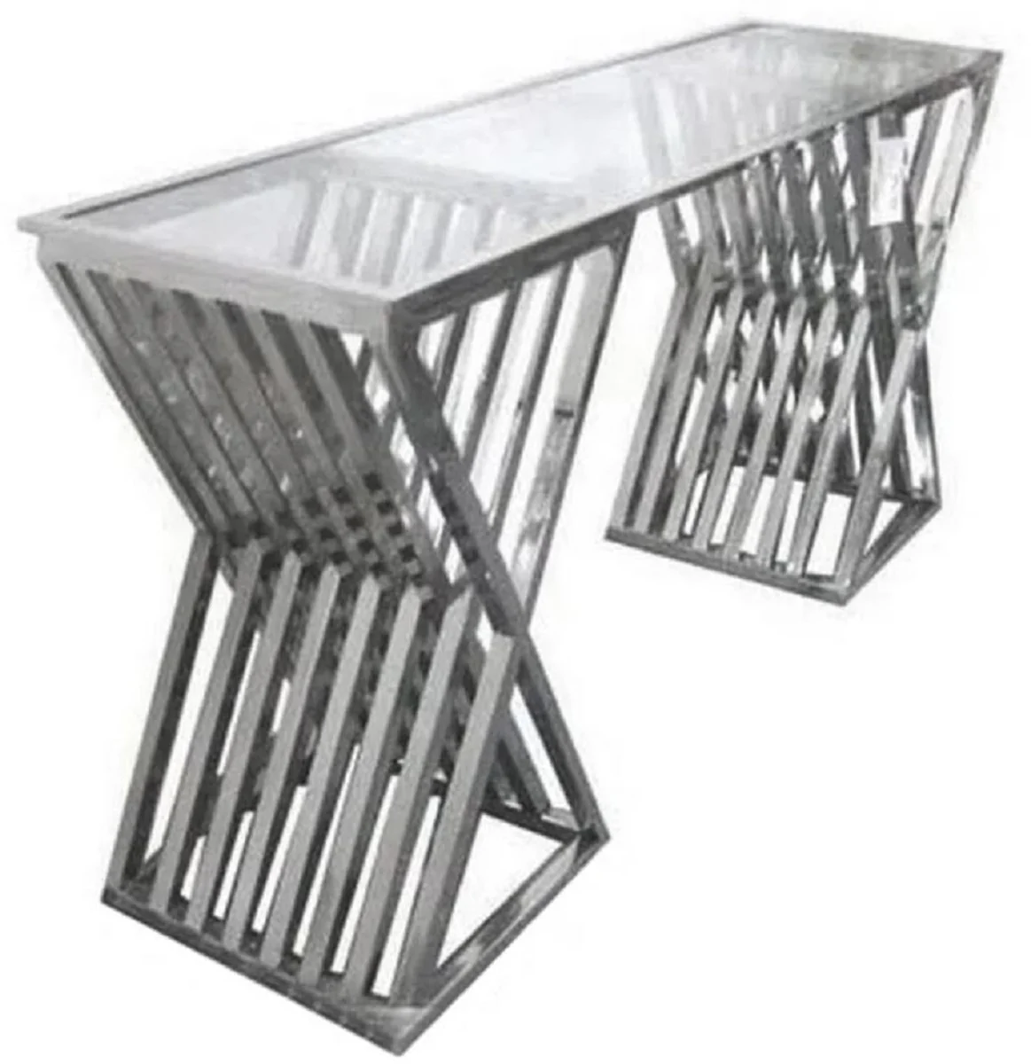 Casa Padrino consola de dise?o de lujo plata 150 x 42 x A. 75 cm - Consola de metal con tapa de vidrio - Muebles de sal¨®n de dise?o de lujo