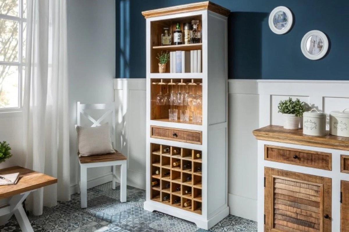 Casa Padrino armario de vino de estilo campestre blanco / natural 72 x 40 x A. 196 cm - Armario bar hecho a mano de madera maciza - Muebles de Bar en Estilo Campestre