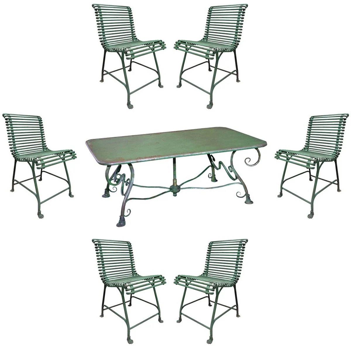Casa Padrino Conjunto de Muebles de Jardín Art Nouveau de Hierro Forjado Verde Antiguo - 1 Mesa de Jardín y 6 Sillas de Jardín - Muebles de Jardín y Gastronomía Barroco y Art Nouveau
