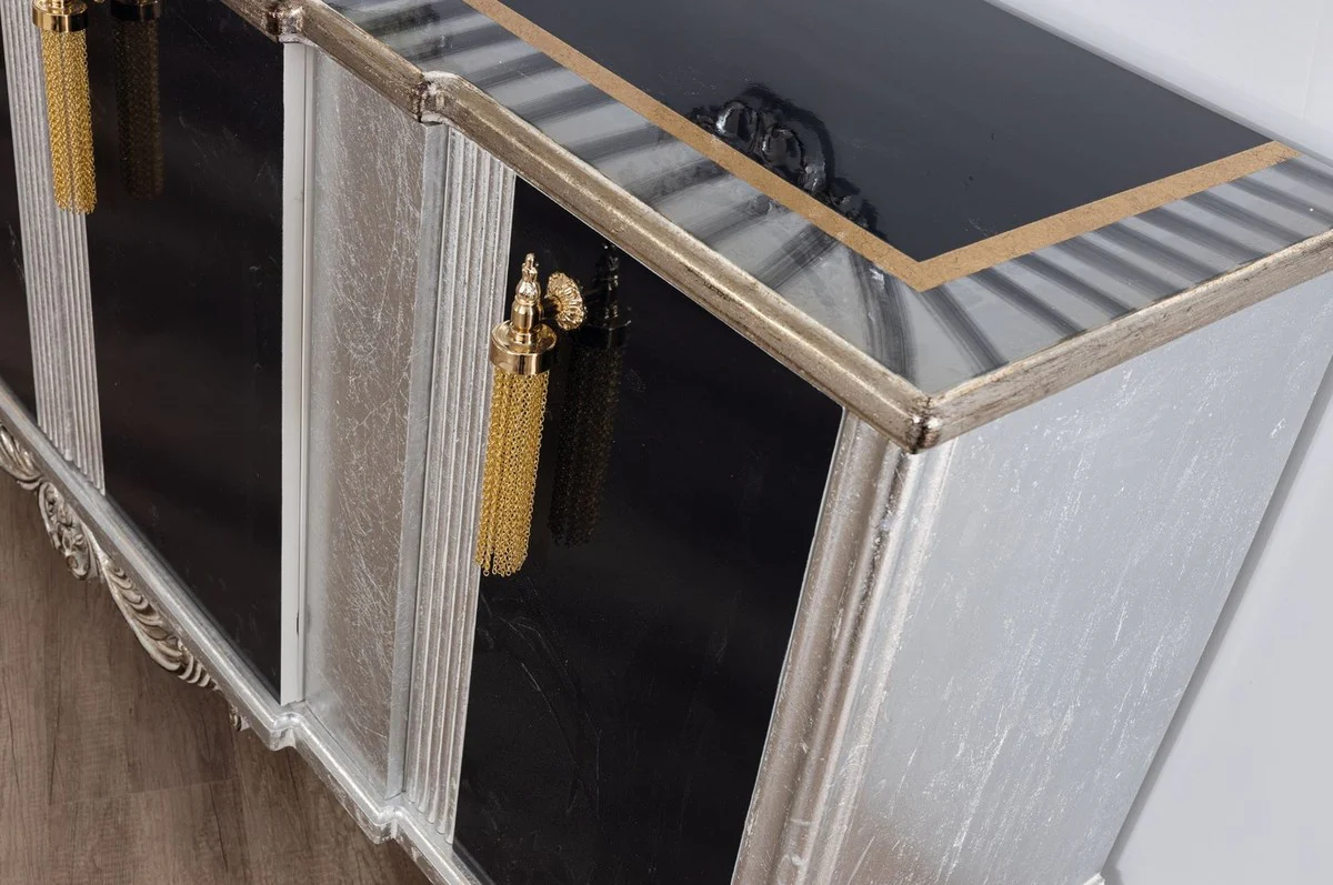 Casa Padrino conjunto de muebles barrocos de lujo plata / negro / oro - 1 Aparador con 4 Puertas y 2 Espejos - Muebles barrocos nobles - Nobles y Magnífico