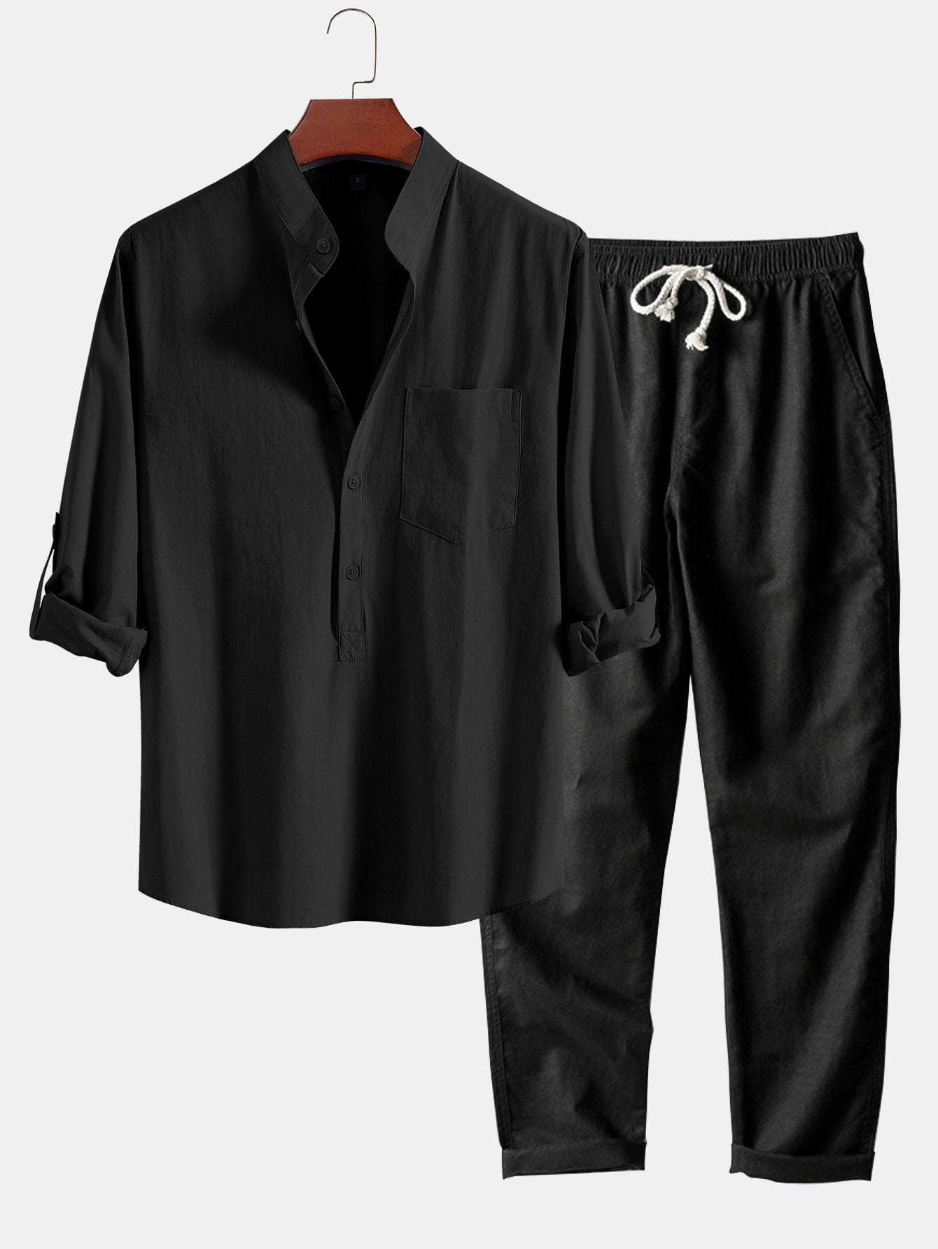 Long Sleeve Linen Look Henley Collar Shirt & Straight Leg Linen Pants