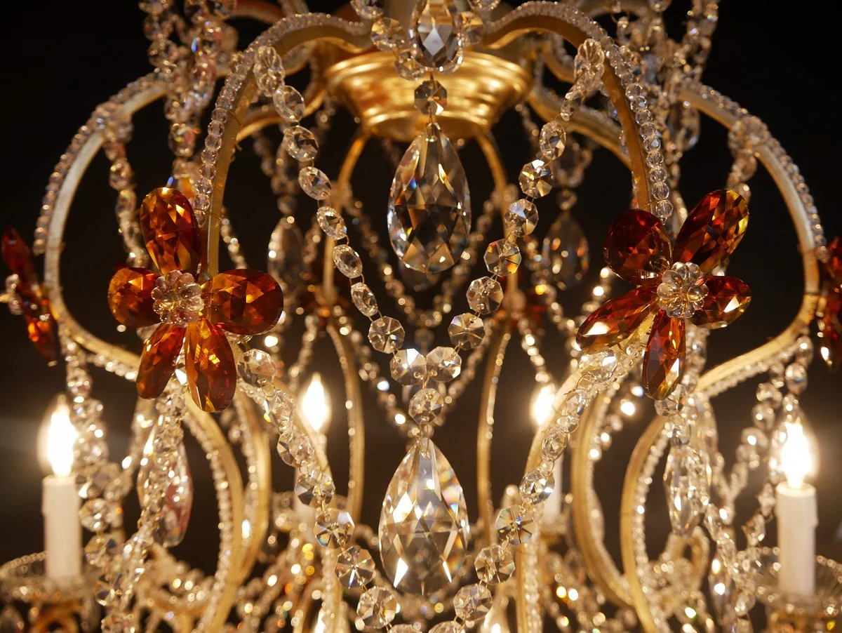 Casa Padrino araña de luces de cristal barroco de lujo naranja / oro Ø 110 x A. 120 cm - Lámpara de Araña de Hotel y Restaurante - Noble y Magnífico - Calidad de Lujo - Hecho en Italia