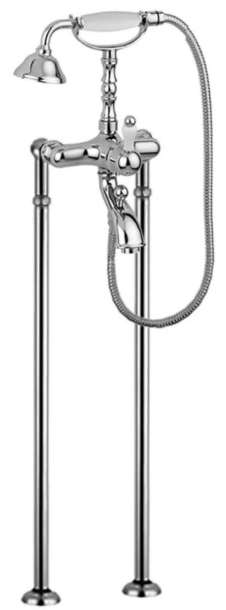 Casa Padrino Grifo de Bañera Art Nouveau Plata / Blanco H. 105,5 cm - Grifo de Bañera Nostálgico para Baño con Ducha y Pies de Soporte