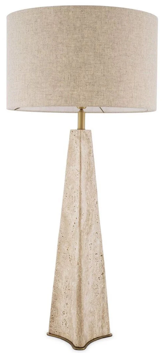 Casa Padrino lámpara de mesa de lujo beige / latón antiguo Ø 48 x A. 106,5 cm - Lámpara de escritorio travertino pantalla redonda - Lámparas de lujo - Colección de lujo