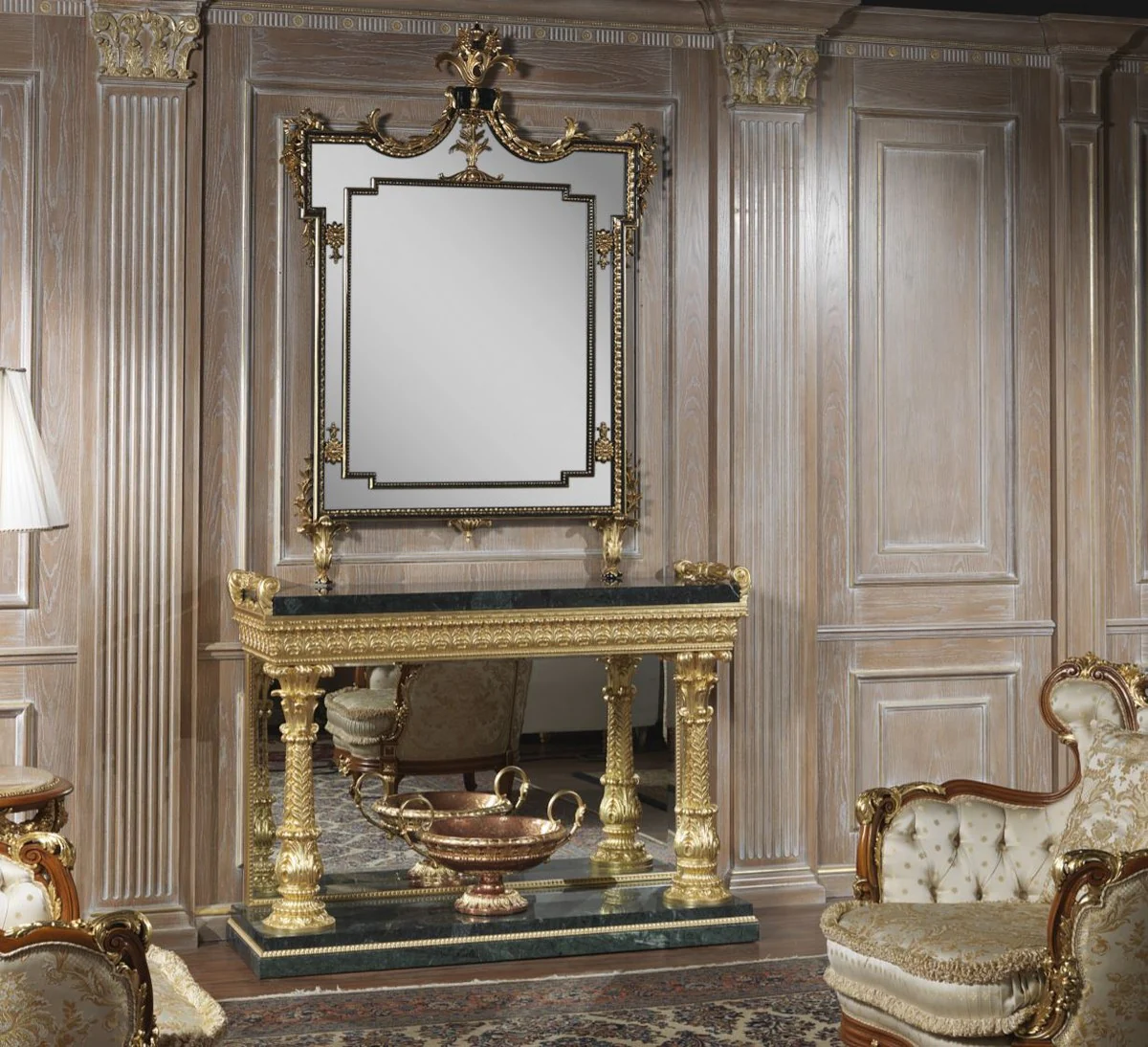 Casa Padrino conjunto de muebles barrocos de lujo consola con espejo negro / verde / oro - Magn¨ªfica mesa consola tallada a mano con elegante espejo de pared - Mobiliario de Castillo y Hotel Barroco