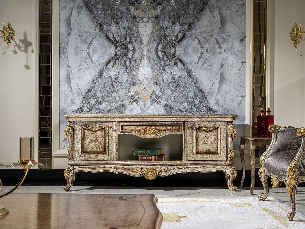 Casa Padrino armario de TV barroco de lujo plata antigua / marrón / oro - Magnífico aparador de salón con 2 puertas y cajón - Muebles de salón barrocos