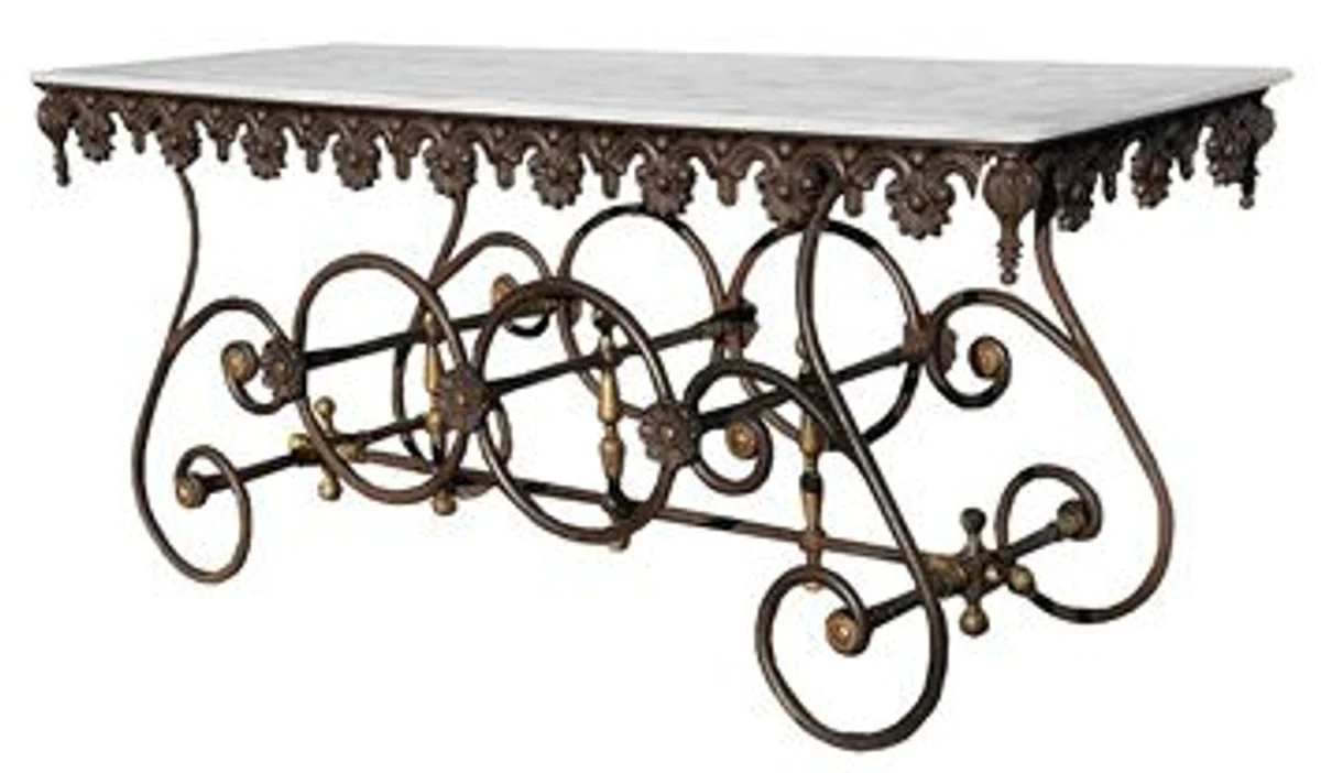 Casa Padrino mesa nostálgica de jardín de hierro forjado con tapa de mármol - 175 cm x 65 cm x H75 cm - muebles de jardín de lujo