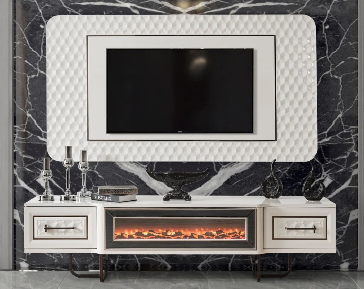 Casa Padrino conjunto de mueble de TV Art Deco de lujo blanco / bronce - Aparador de sala de estar con chimenea el¨¦ctrica LED y pared trasera de TV - Muebles Art Deco - Muebles de sala de lujo