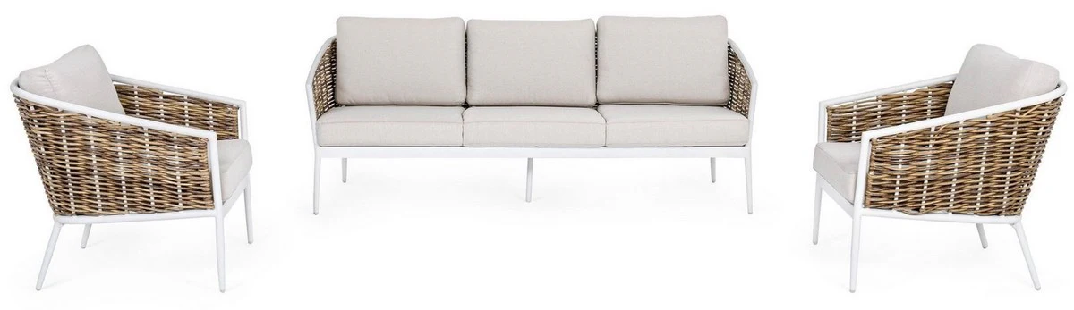 Casa Padrino conjunto de muebles de jard¨ªn de lujo gris / blanco / marr¨®n - 1 Sof¨¢ de Jard¨ªn y 2 Sillones de Jard¨ªn - Muebles de jard¨ªn - Muebles de piscina - Muebles de exterior - Muebles de lujo