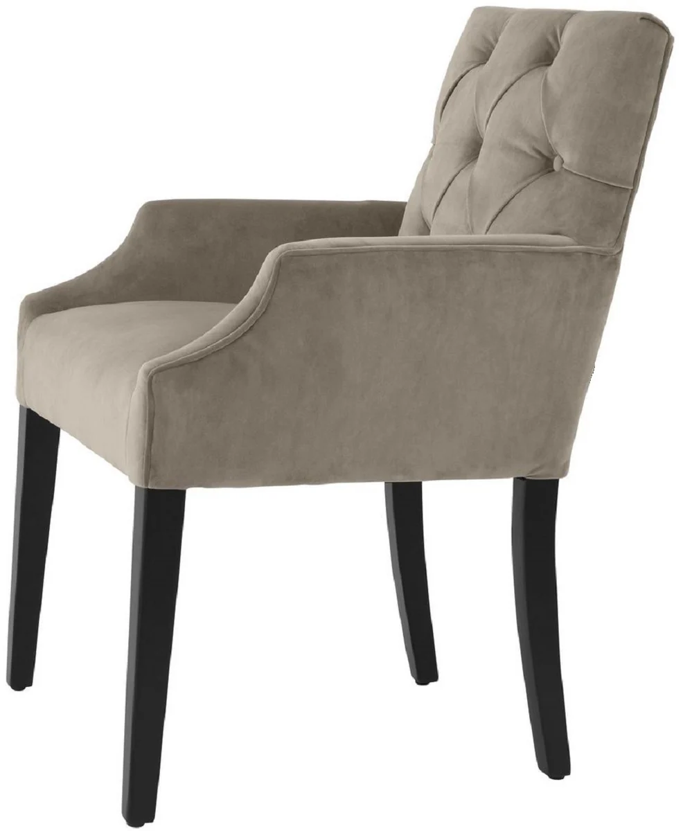 Casa Padrino silla de comedor de lujo con reposabrazos greige / negro 63 x 65 x A. 90 cm - Silla de Cocina Chesterfield con Terciopelo Fino - Muebles de Comedor de Lujo