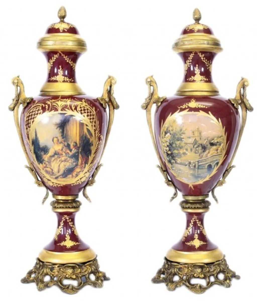Casa Padrino Baroque Porcelain Cup Set Bordeaux Red / Gold B26 H63 cm (2 pieces) - Grand Decor - Hotel Decoration