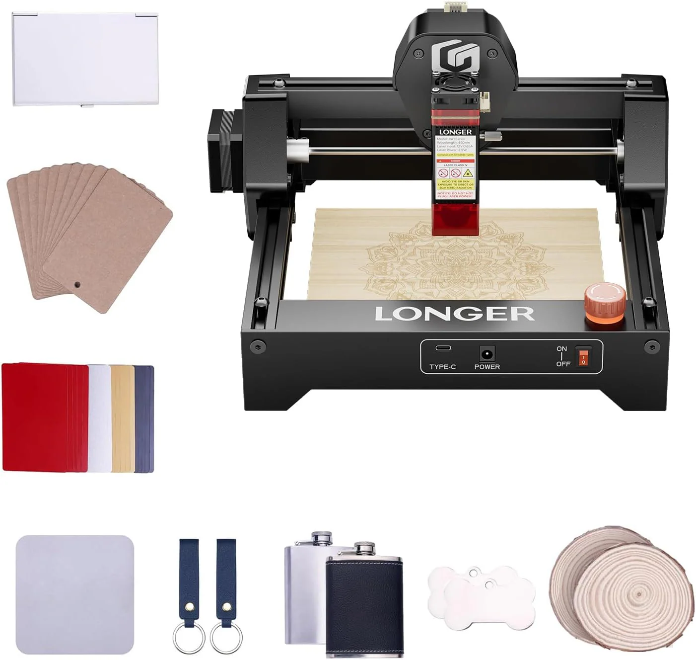 LONGER RAY5 Mini 2.5W Laser Engraver with 70 Pcs DIY Material Package, 12000mm/min High-Speed Cutter for Wood, Metal, Acrylic, Leather, DIY CNC, 130x140mm Engraving Area, WiFi, Emergency Stop Safety
