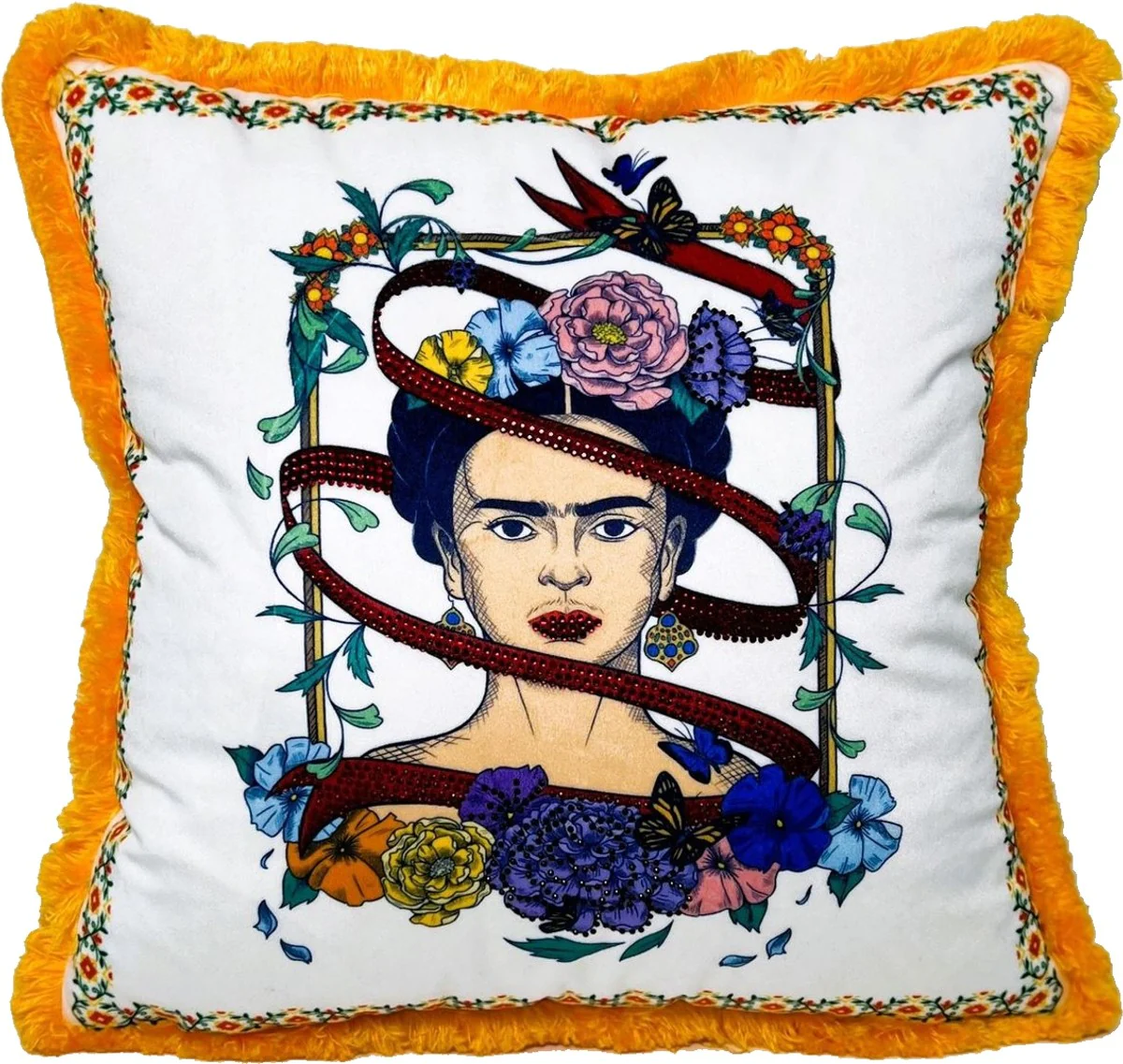 Frida Kahlo de Casa Padrino cojín decorativo de lujo con pedrería blanco / colorido / naranja