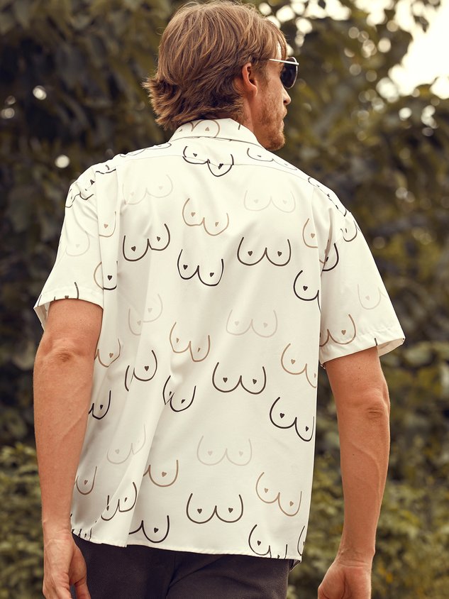 Geometric Line Drawing Chest Pocket Short Sleeve Casual Shirt