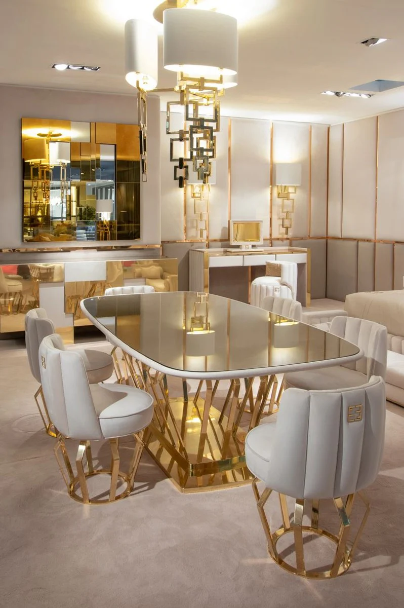 Casa Padrino conjunto de comedor de dise?o de lujo marfil / oro - 1 Mesa de Comedor y 6 Sillas de Comedor - Muebles de comedor de dise?o de lujo - Muebles de Hotel - Calidad de Lujo - Hecho en Italia