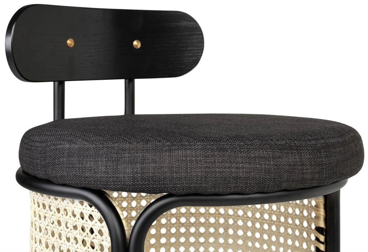 Casa Padrino silla de bar de dise?o con respaldo negro / natural ? 40,5 x H. 90 cm - Taburete de bar redondo tapizado con tejido fino de rat¨¢n y estructura de acero con recubrimiento en polvo