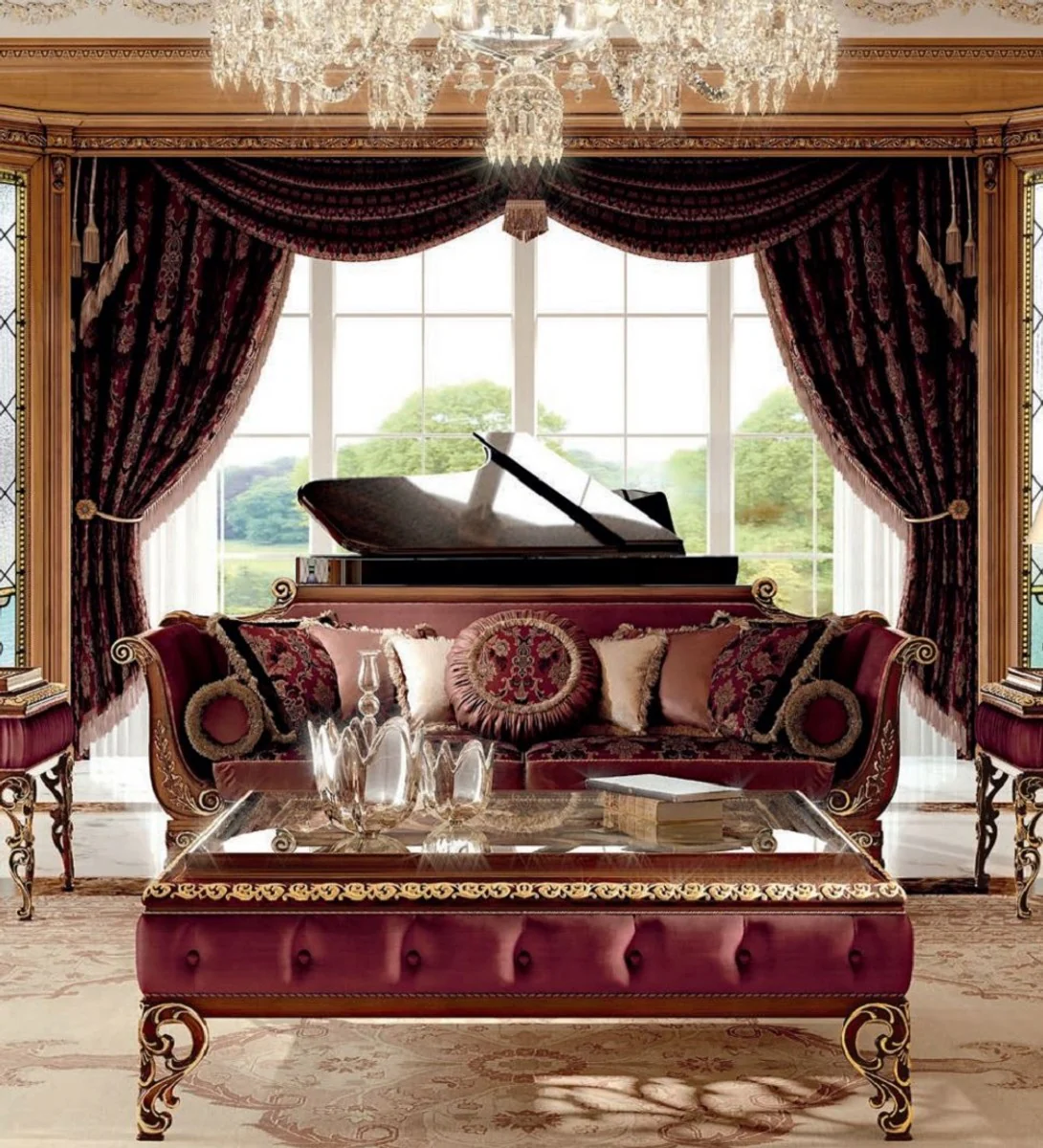 Casa Padrino sof¨¢ barroco de lujo p¨²rpura / marr¨®n / oro - Sof¨¢ de sal¨®n de estilo barroco con patr¨®n elegante - Muebles barrocos - Muebles de sal¨®n barrocos - Calidad de lujo - Hecho en Italia