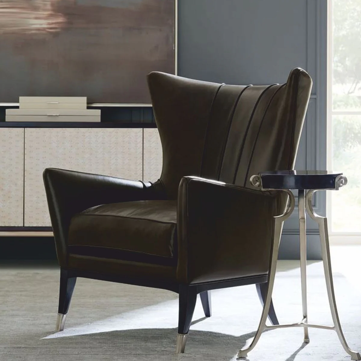 Casa Padrino sill¨®n orejero Art Deco de lujo en piel marr¨®n / negro / plata Al. 102 cm