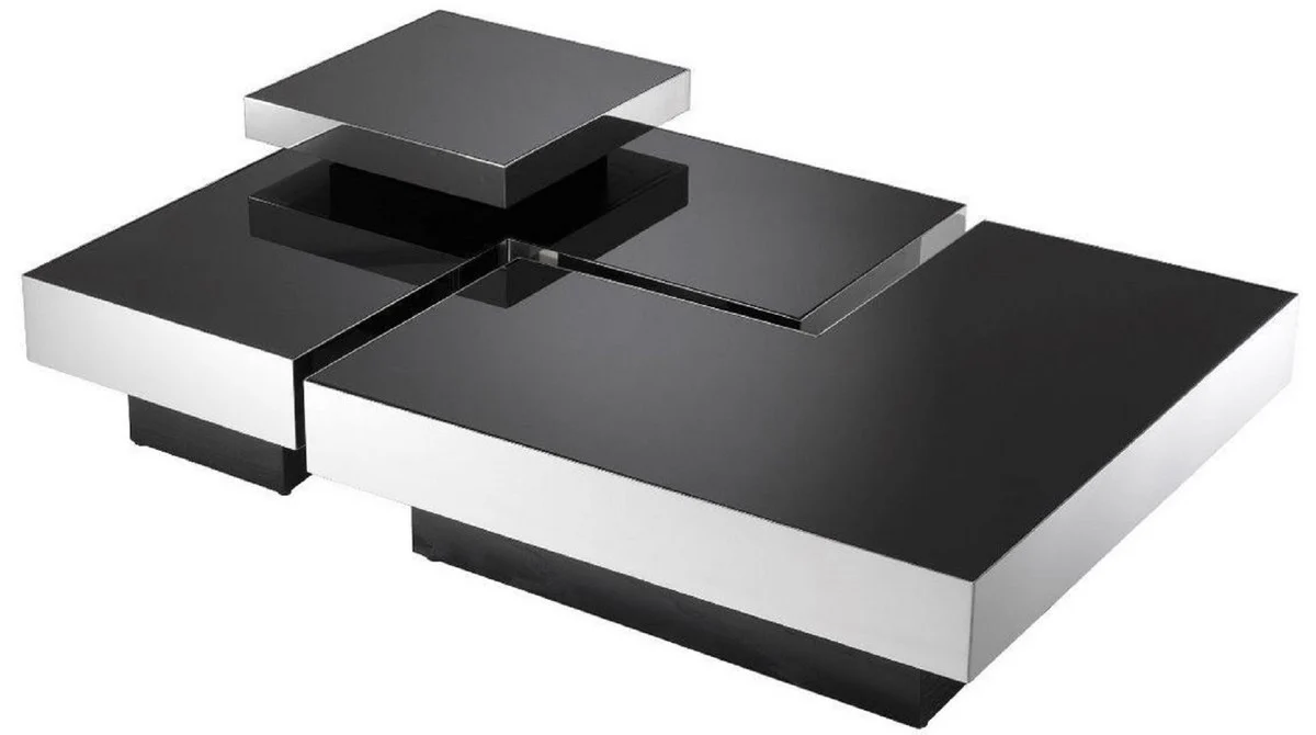 Casa Padrino conjunto de mesa de centro de lujo plata / negro - 2 Mesas de sal¨®n en forma de L con 2 bandejas cuadradas - Muebles de sal¨®n - Colecci¨®n de Lujo