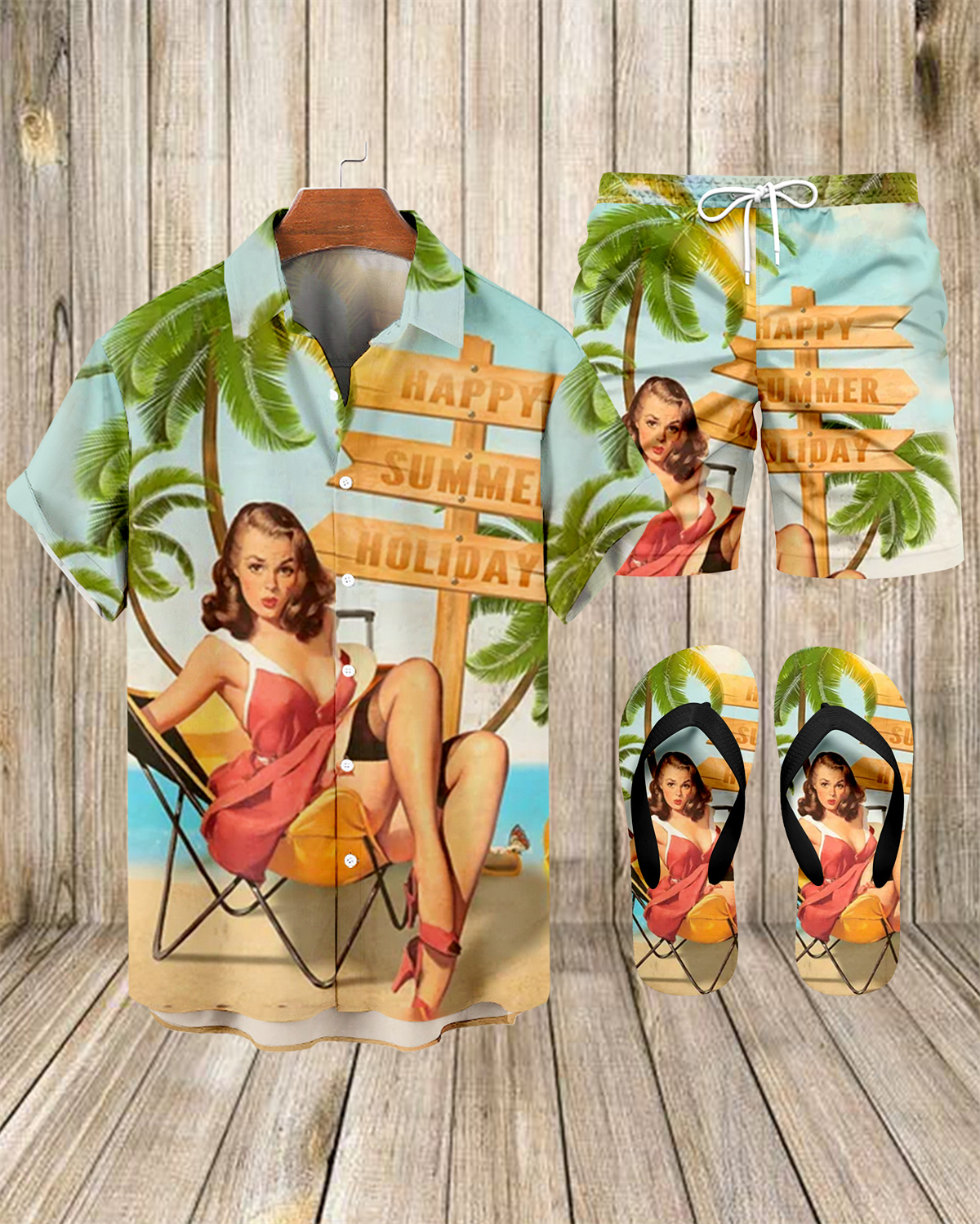 Suitmens Men's Hawaii Vacations Print Shirt Three-Piece Set 061