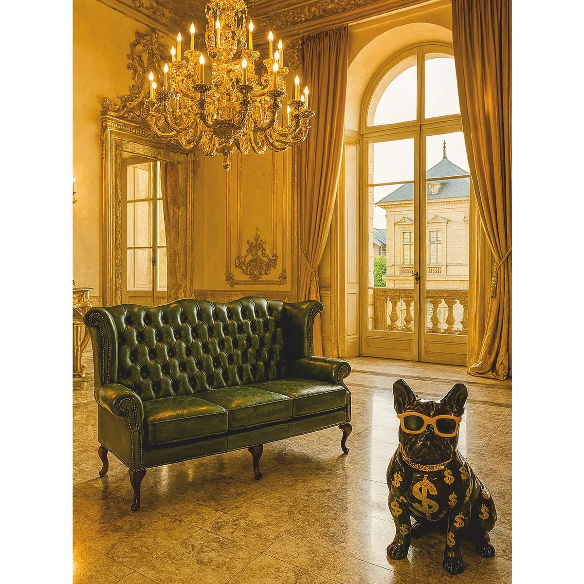 Casa Padrino Sof¨¢ Chesterfield Barroco de Lujo de Cuero Verde Vintage / Negro 188,5 cm - Muebles Barrocos