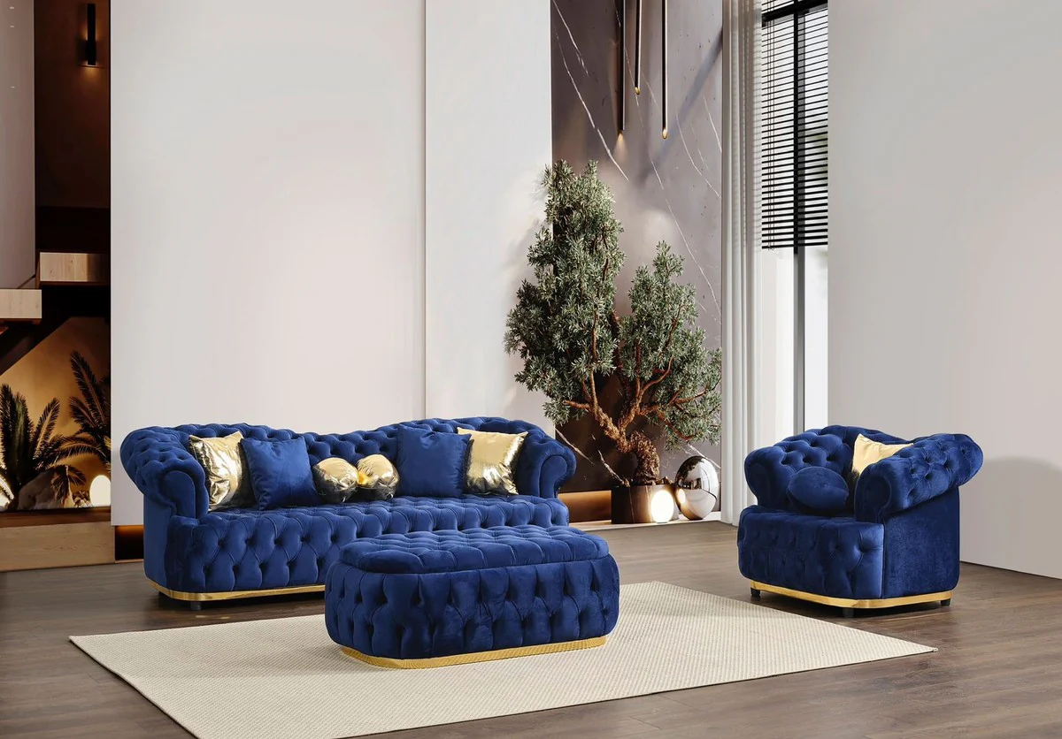Casa Padrino Sill¨®n Chesterfield de Lujo en Terciopelo Azul / Oro / Negro 110 cm