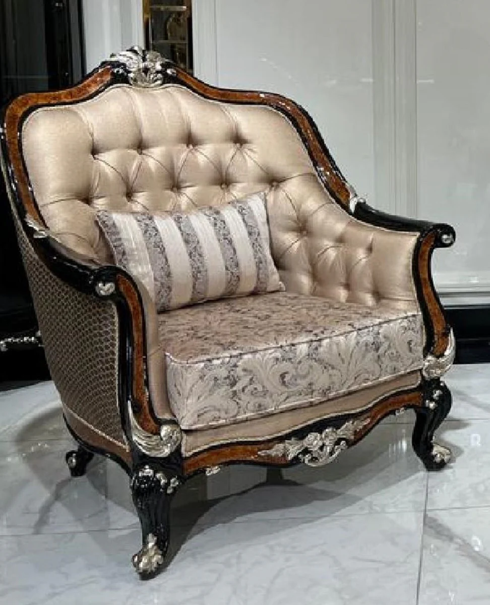 Casa Padrino sill¨®n de sal¨®n barroco de lujo oro / marr¨®n / negro / plata - Sill¨®n de estilo barroco hecho a mano con coj¨ªn decorativo - Muebles de sal¨®n de lujo en estilo barroco