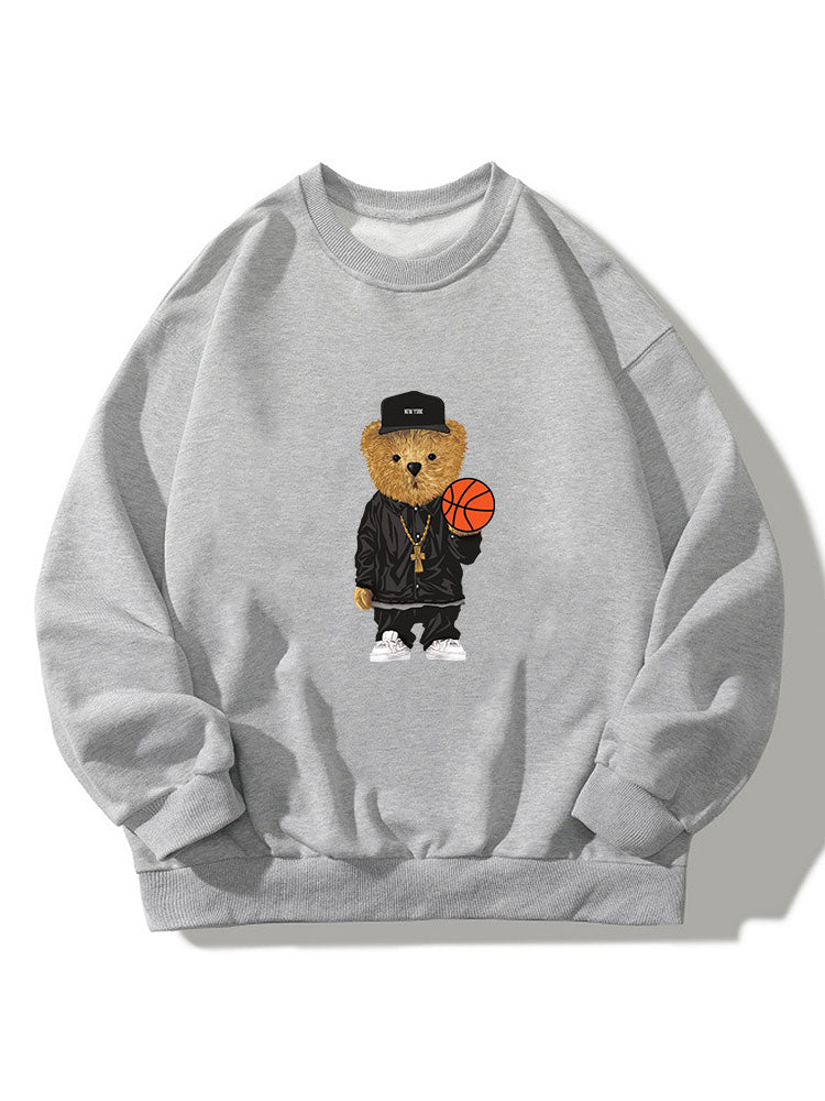 Basketball Bear Print Crew Neck Relaxed Sweatshirt