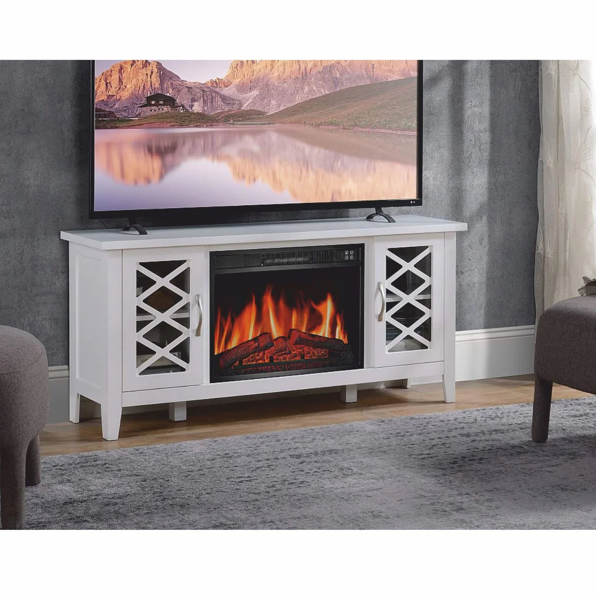 Casa Padrino armario de TV de estilo campestre con chimenea eléctrica LED blanco 137,1 x 39 x A. 64,5 cm