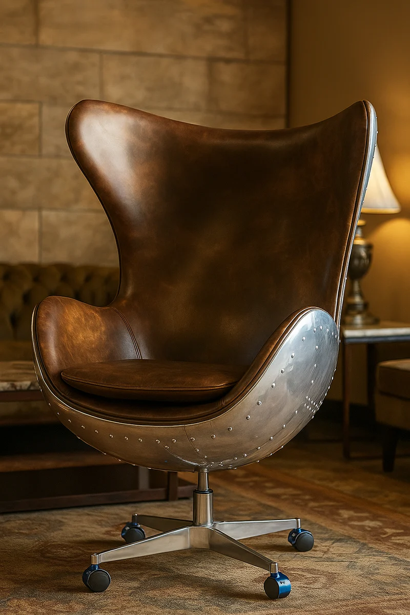 Casa Padrino sill¨®n giratorio de cuero genuino marr¨®n vintage / plata 85 x 78 x A. 112 cm - Sill¨®n de cuero en forma de huevo - Muebles de avi¨®n y de aviador - Muebles de aluminio - Muebles de lujo