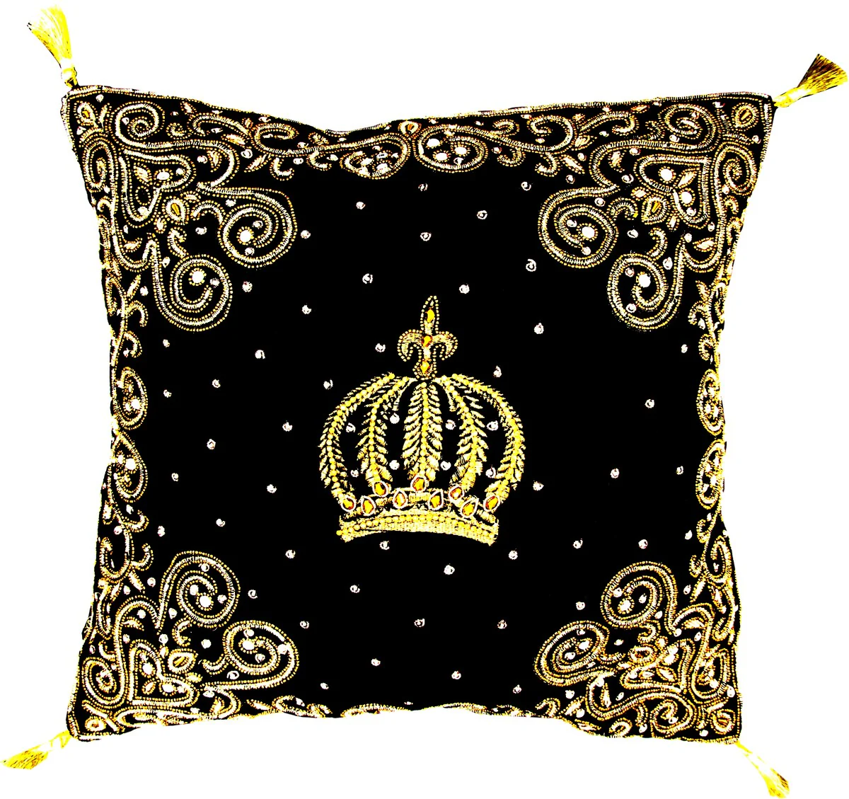 Almohada decorativa barroca de lujo Harald Gl??ckler Pomp??s de Casa Padrino corona negra / dorada elaboradamente decorada con lentejuelas y pedrer¨ªa