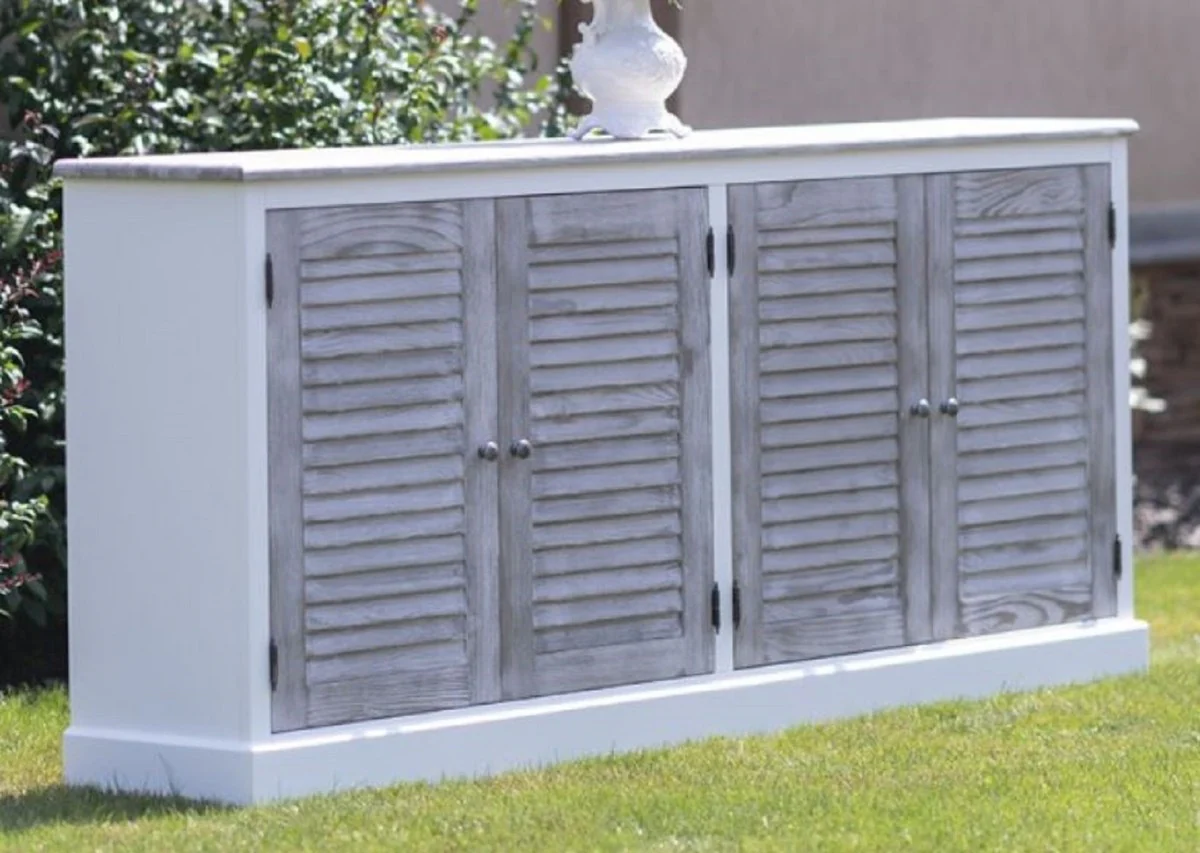 Casa Padrino aparador de estilo campestre blanco / gris 209 x 37 x A. 90 cm - Armario de madera maciza con 4 puertas - Muebles de madera maciza - Muebles de comedor - Muebles de estilo campestre