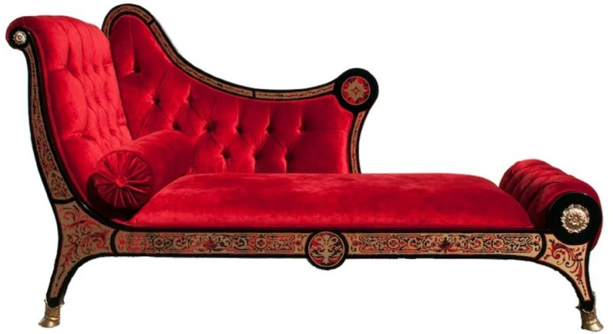 Casa Padrino chaise longue boulle barroco de lujo rojo / negro / oro 180 x 75 x A. 106 cm - Chaise longue de madera maciza hecha a mano con tela de terciopelo noble - Muebles Barrocos - Calidad de Lujo
