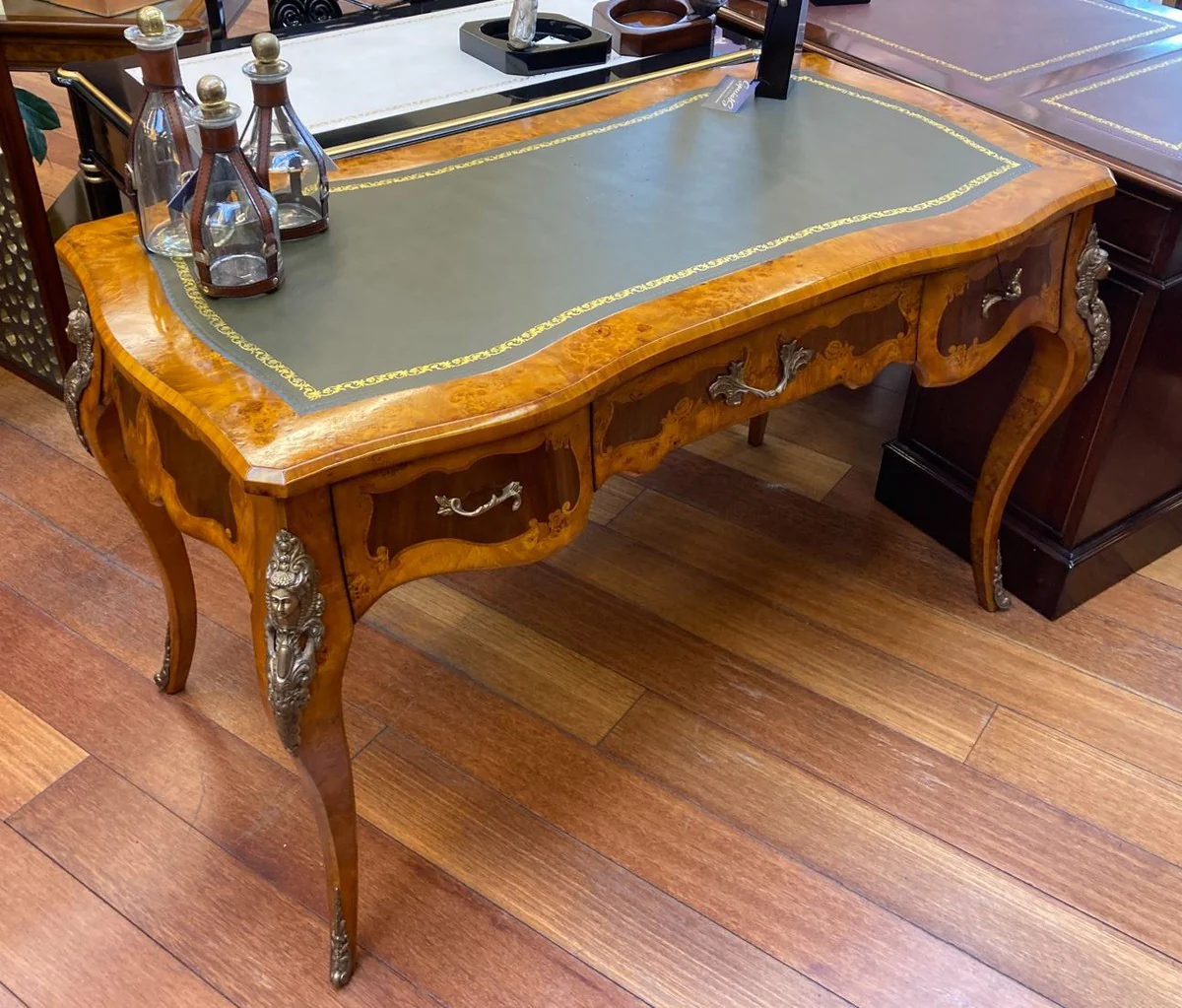 Casa Padrino escritorio barroco de lujo marr¨®n claro / marr¨®n oscuro / verde - Secretario de madera maciza hecho a mano con 3 cajones - Mobiliario de oficina barroco noble