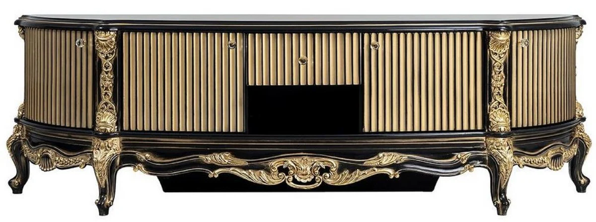 Casa Padrino gabinete TV barroco de lujo negro / oro - Magnífico aparador de madera maciza con 4 puertas y cajón - Muebles de salón barrocos