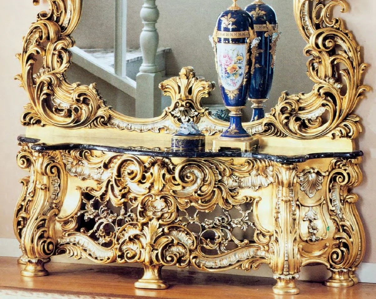 Casa Padrino consola de espejo barroco de lujo con tapa de m¨¢rmol oro / plata / negro - magn¨ªficos muebles de hotel y castillo - Calidad de Lujo - Hecho en Italia