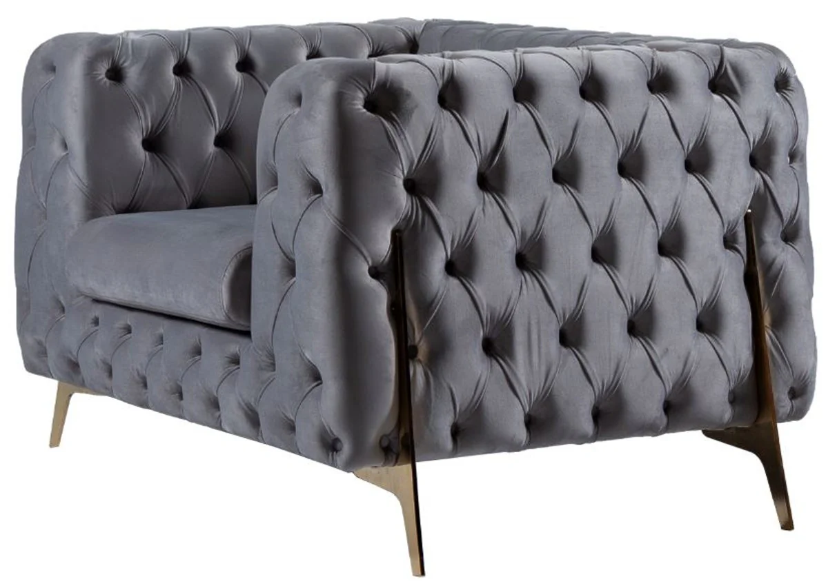 Casa Padrino sill¨®n de terciopelo Chesterfield de lujo gris / lat¨®n 125 x 95 x A. 81 cm - Sill¨®n de sal¨®n moderno - Muebles Chesterfield