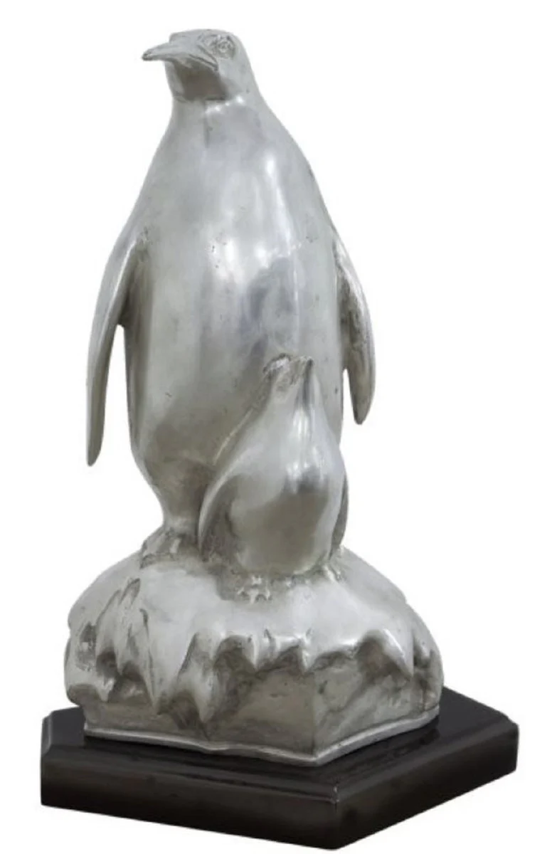 Casa Padrino figura de bronce pingüino madre con niño plata / negro 22 x 15 x H. 33 cm - Escultura de Lujo
