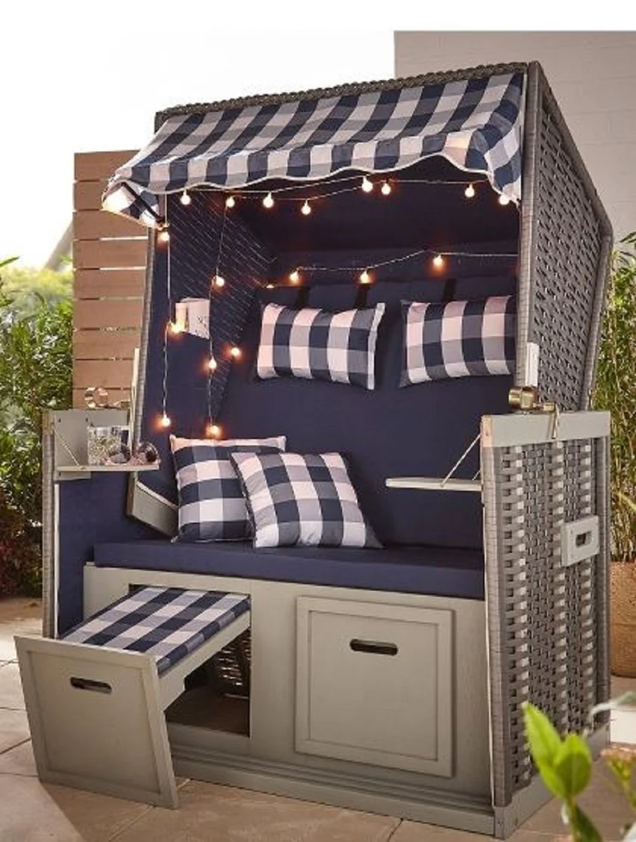 Casa Padrino silla de playa gris / azul / blanco 116 x 76 x A. 160 cm - Silla de playa de madera con techo e iluminaci¨®n LED - Muebles de jard¨ªn - Muebles de piscina - Muebles de exterior